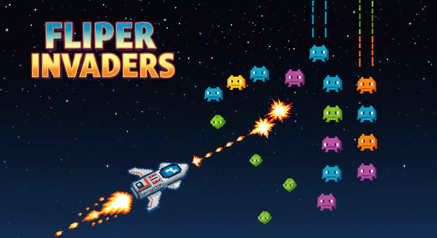 Imagem promocional do jogo Fliper Invaders, com nave espacial atirando em alienígenas coloridos em estilo pixel art no espaço